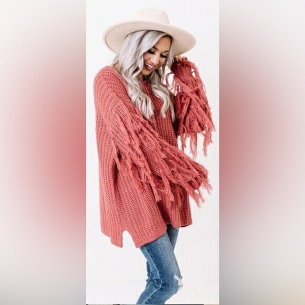 JODIFL Oversized Fringe Detail Sweater Boho Chunky Knit Dusty Rose Fall Sz M